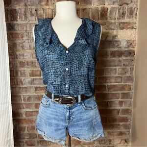 Vintage Snakeskin Blue Ruffle Sleeveless Top/Tank -Size L -TP20